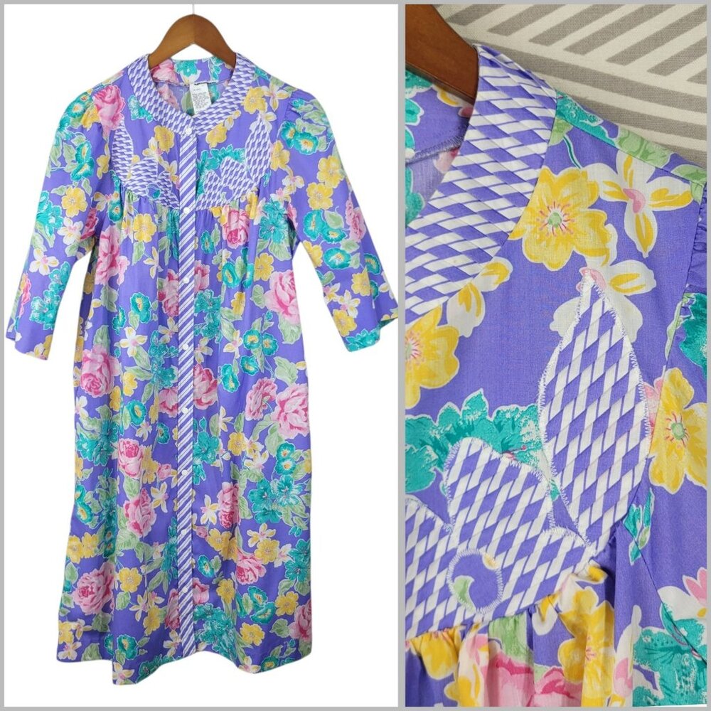 Vintage Housecoat Robe 12 Large Floral Granny Pink Lightweight Midi Nightgown
